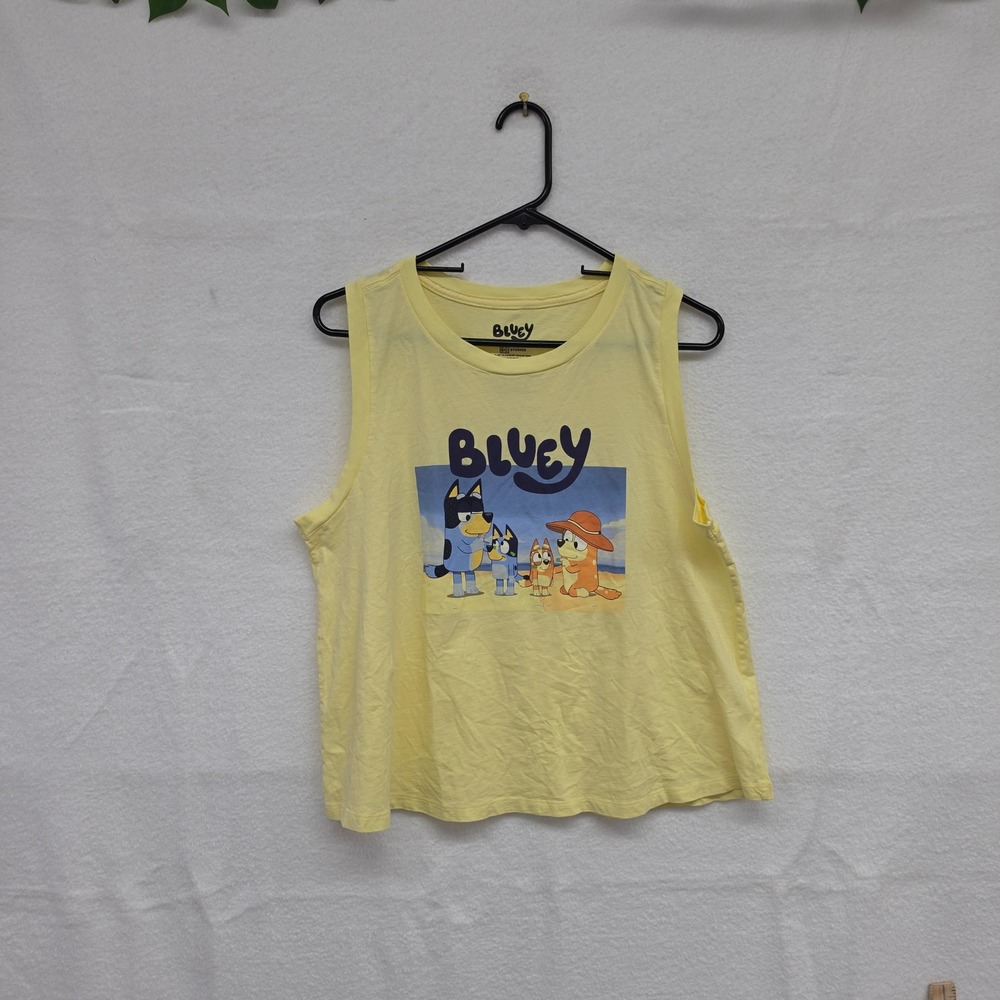 Bluey Heeler Family Beach Graphic Muscle Tank Top Yellow Cotton Womens Large